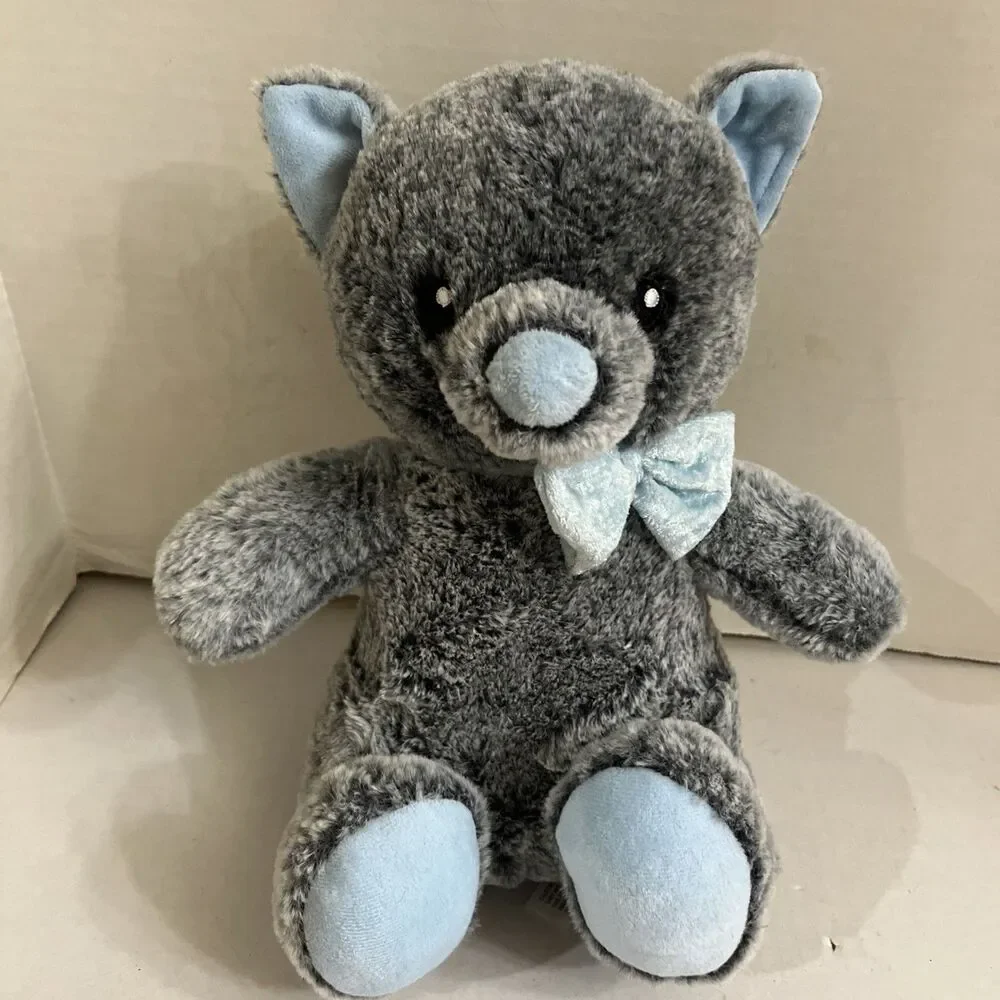 Lucky the Cat Grey & Blue Bow Squeaker Stuffed Animal Embroidered Eyes 10”
